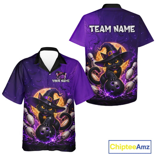 Custom Witch Cat Bowling Hawaiian Shirt Halloween Bowling Jersey for Men and Women QZT1174