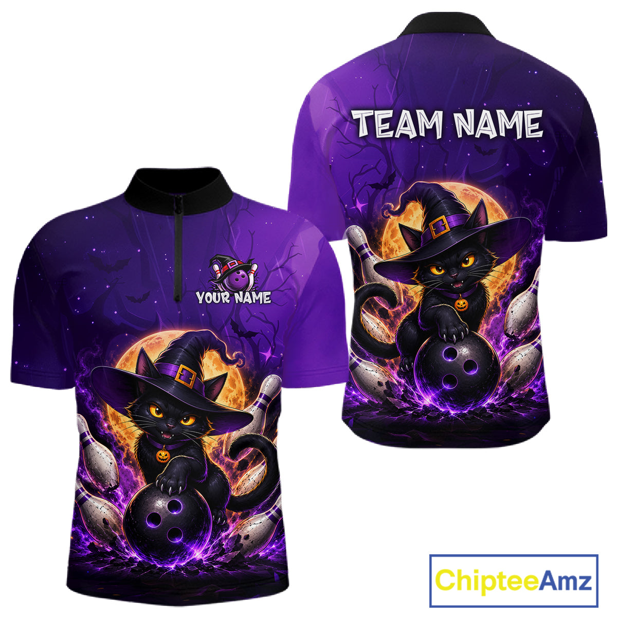 A purple short-sleeve quarter-zip  jersey shown from both front and back, featuring a cartoon black cat dressed as a witch holding bowling balls, with customizable text areas reading 'YOUR NAME' and 'TEAM NAME'.