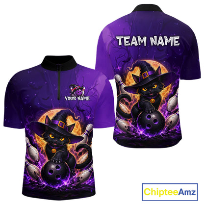 A purple short-sleeve quarter-zip  jersey shown from both front and back, featuring a cartoon black cat dressed as a witch holding bowling balls, with customizable text areas reading 'YOUR NAME' and 'TEAM NAME'.
