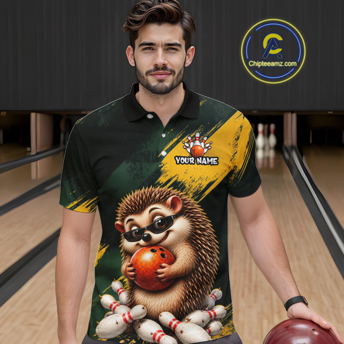 A man wearing a custom bowling-themed polo shirt with a cartoon hedgehog holding a bowling ball, set against a bowling alley background. The shirt features a black and green base with a yellow diagonal stripe, a custom name placeholder, and a graphic of a hedgehog holding bowling pins and a bowling ball.