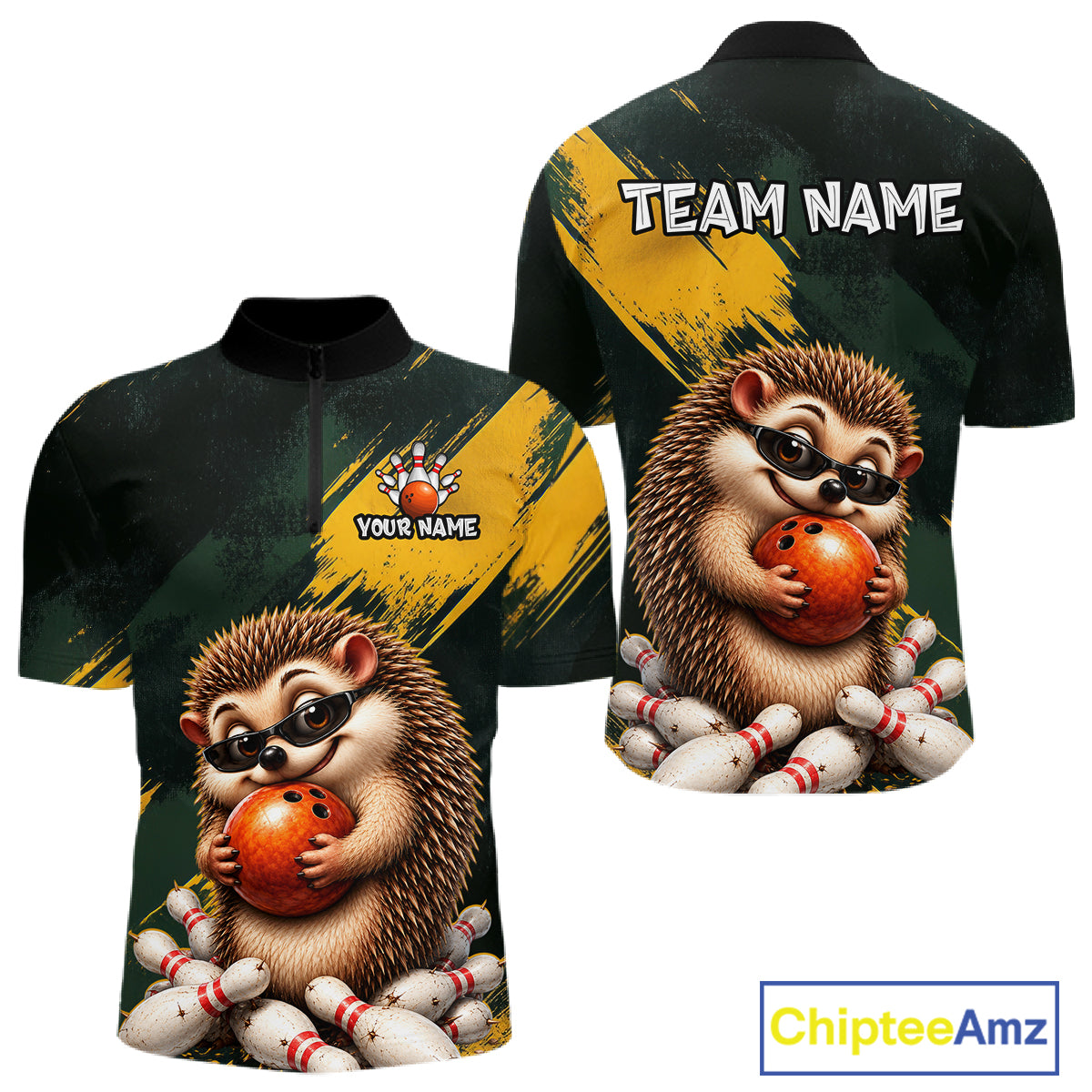 Custom bowling-themed short-sleeve quarter-zip polo shirt shown from both front and back. The shirt features a cartoon hedgehog holding an orange bowling ball surrounded by white bowling pins, with a dark green and yellow brushstroke background.