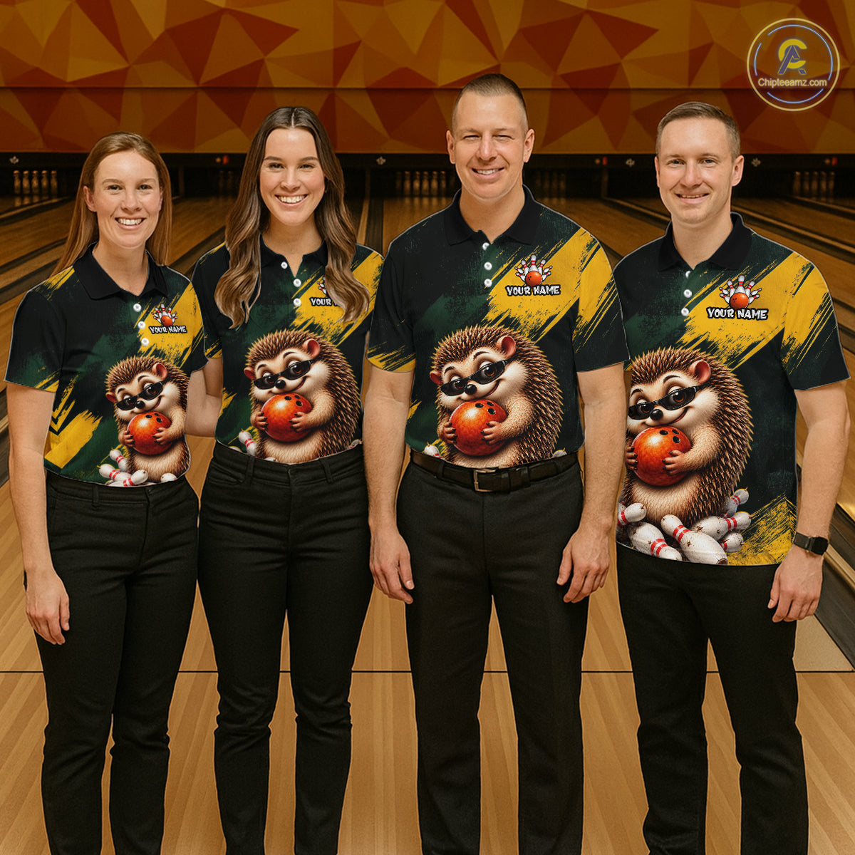 Four people standing in a bowling alley wearing matching custom bowling shirts with a cartoon hedgehog graphic and black pants. The shirts feature a dark green and yellow design with the text 'YOUR NAME' and a bowling pin logo.