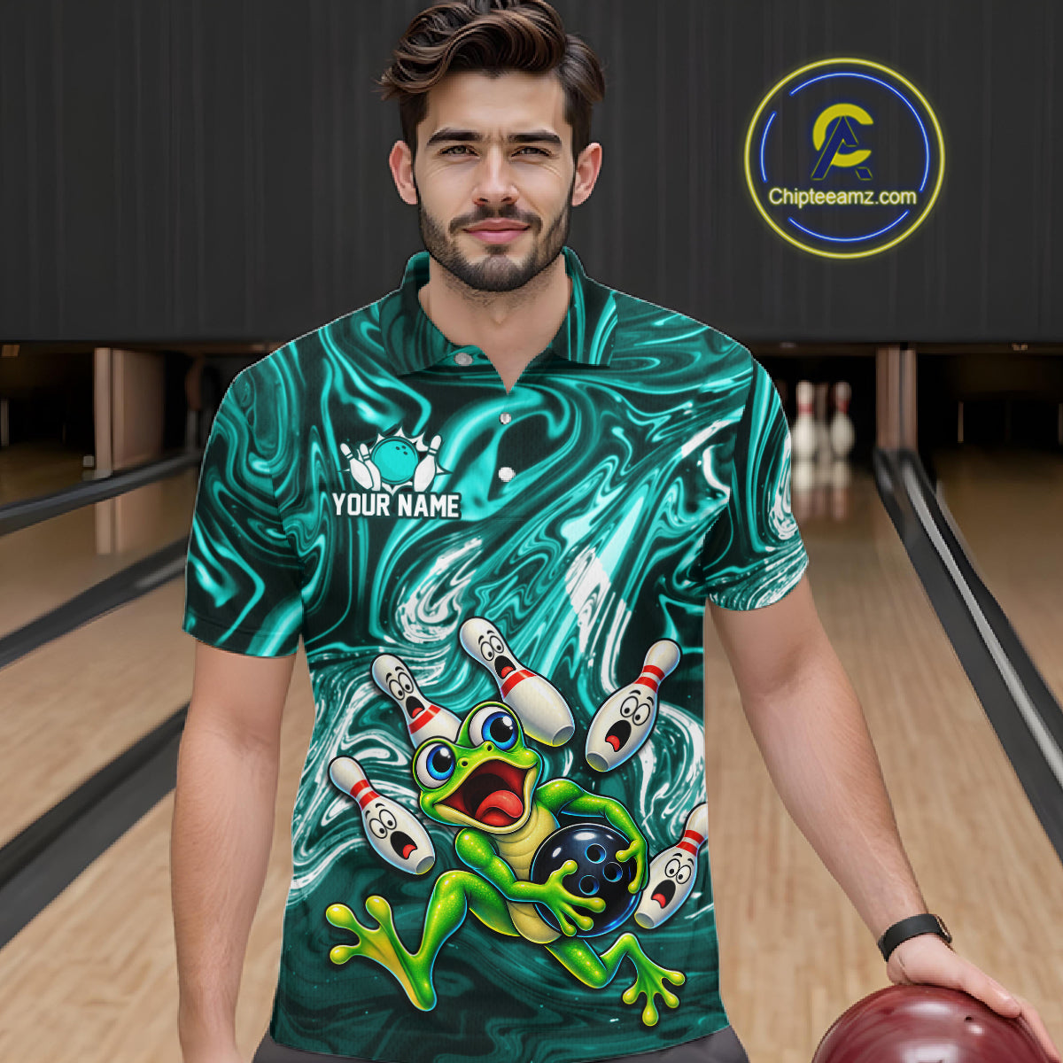 Custom Cyan Liquid Swirl Bowling Shirt for Men Funny Frog Bowling Jersey Polo & 1/4 Zip QZT1384