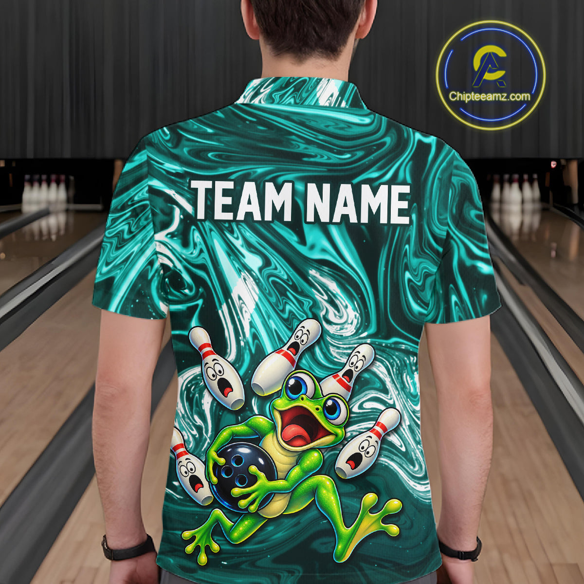 Custom Cyan Liquid Swirl Bowling Shirt for Men Funny Frog Bowling Jersey Polo & 1/4 Zip QZT1384