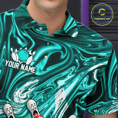 Custom Cyan Liquid Swirl Bowling Shirt for Men Funny Frog Bowling Jersey Polo & 1/4 Zip QZT1384