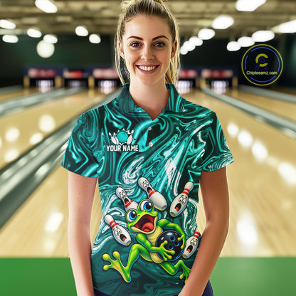 Custom Cyan Liquid Swirl Bowling Shirt for Women Funny Frog Bowling Jersey Polo & 1/4 Zip QZT1384