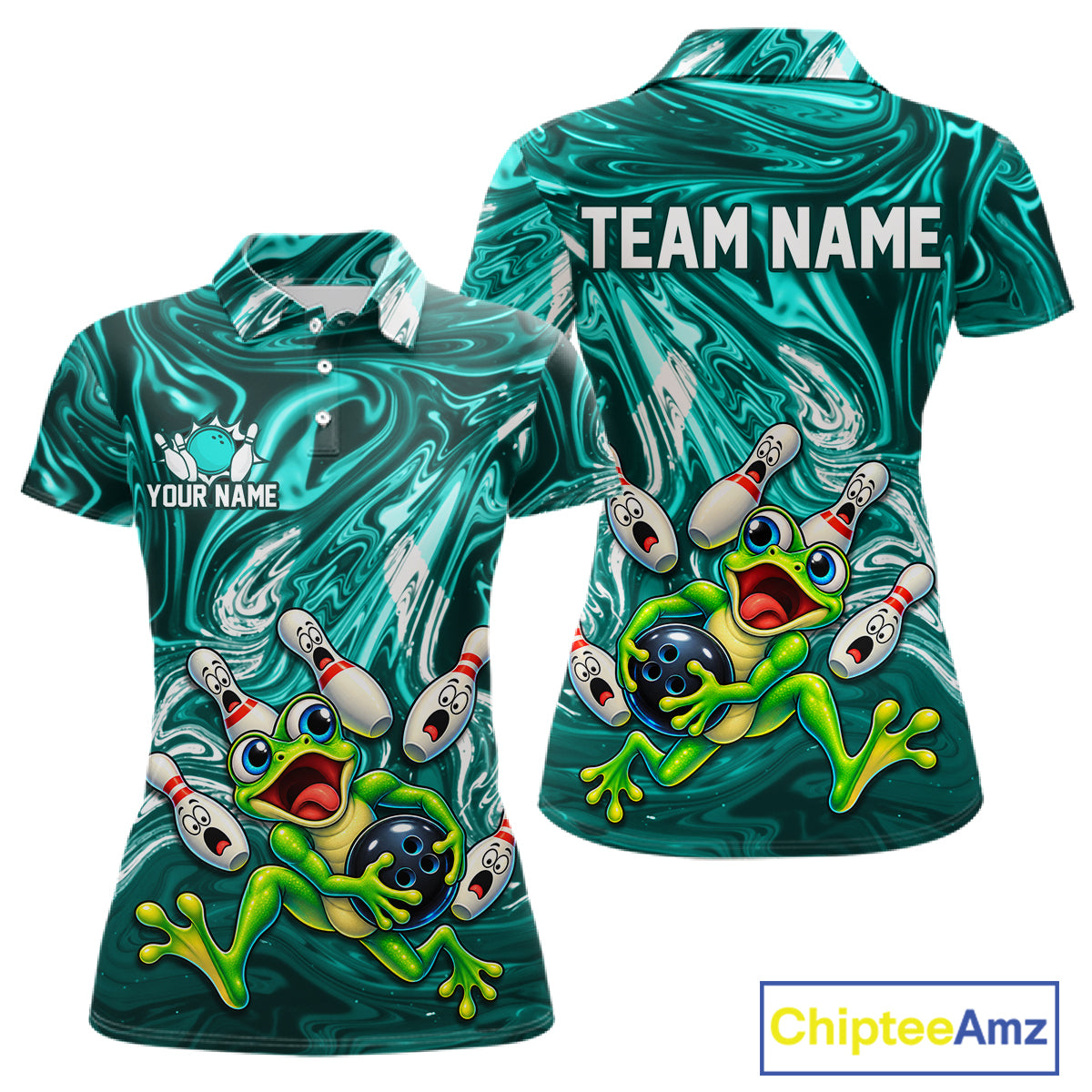 Custom Cyan Liquid Swirl Bowling Shirt for Women Funny Frog Bowling Jersey Polo & 1/4 Zip QZT1384