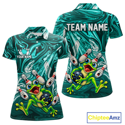 Custom Cyan Liquid Swirl Bowling Shirt for Women Funny Frog Bowling Jersey Polo & 1/4 Zip QZT1384