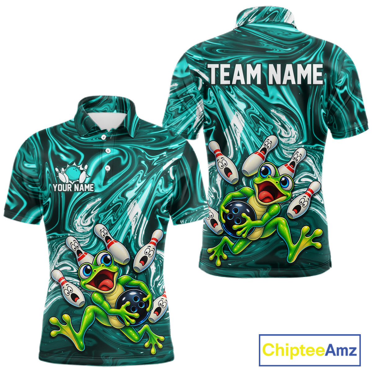 Custom Cyan Liquid Swirl Bowling Shirt for Men Funny Frog Bowling Jersey Polo & 1/4 Zip QZT1384