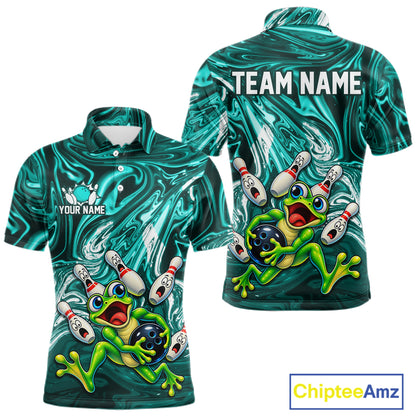Custom Cyan Liquid Swirl Bowling Shirt for Men Funny Frog Bowling Jersey Polo & 1/4 Zip QZT1384