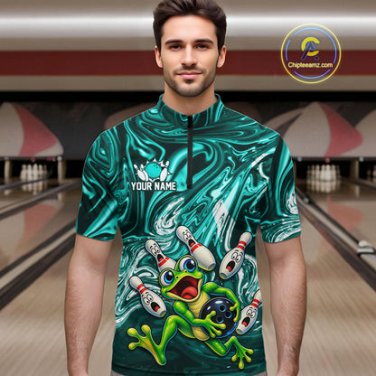 Custom Cyan Liquid Swirl Bowling Shirt for Men Funny Frog Bowling Jersey Polo & 1/4 Zip QZT1384