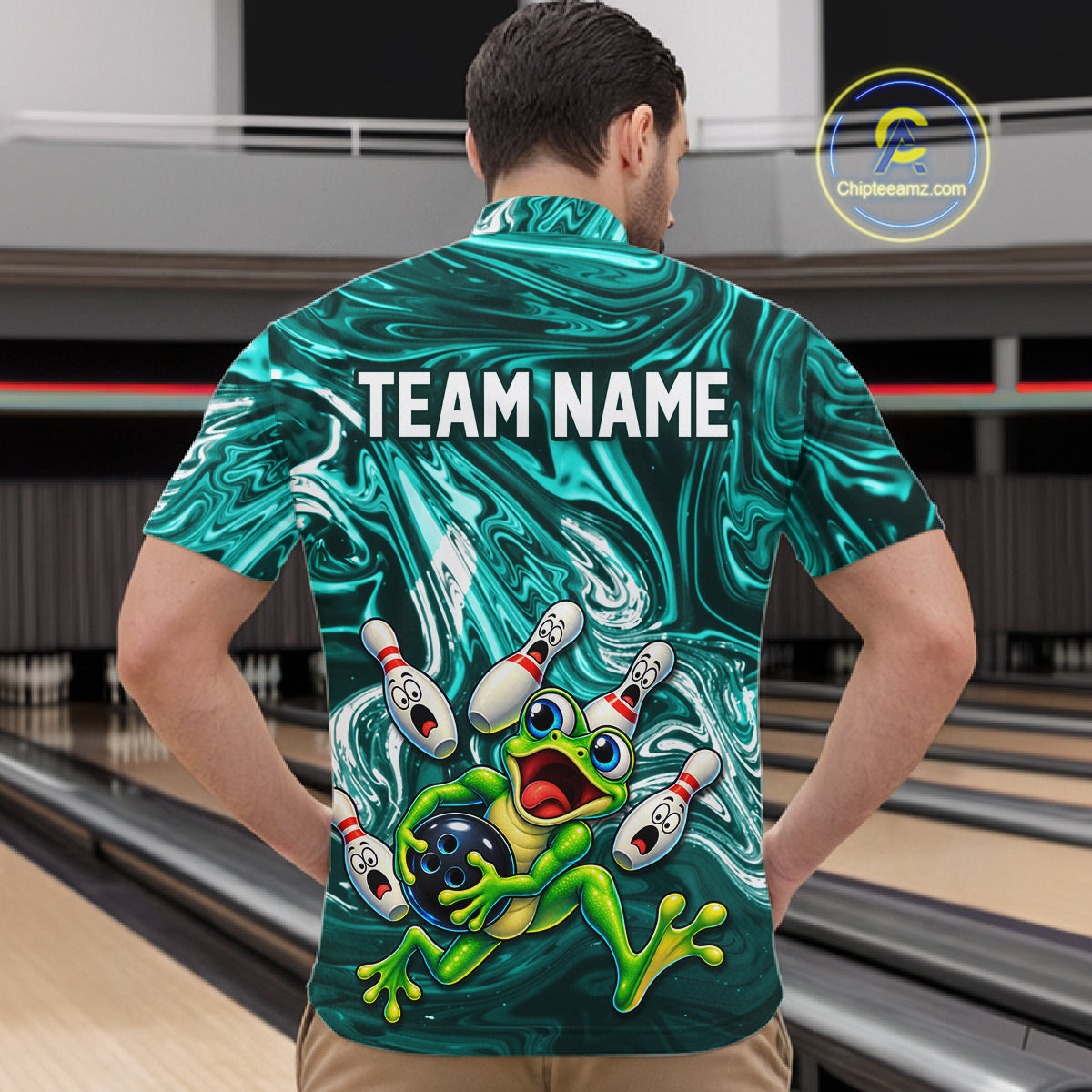 Custom Cyan Liquid Swirl Bowling Shirt for Men Funny Frog Bowling Jersey Polo & 1/4 Zip QZT1384