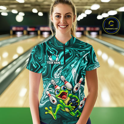Custom Cyan Liquid Swirl Bowling Shirt for Women Funny Frog Bowling Jersey Polo & 1/4 Zip QZT1384