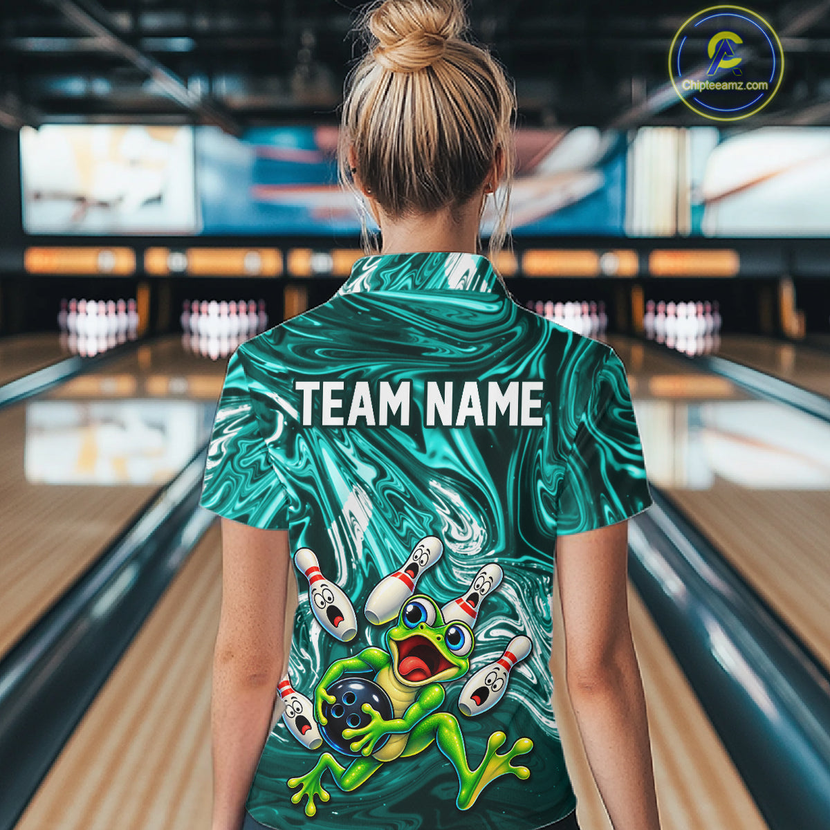 Custom Cyan Liquid Swirl Bowling Shirt for Women Funny Frog Bowling Jersey Polo & 1/4 Zip QZT1384