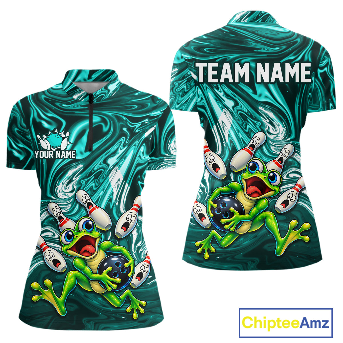 Custom Cyan Liquid Swirl Bowling Shirt for Women Funny Frog Bowling Jersey Polo & 1/4 Zip QZT1384