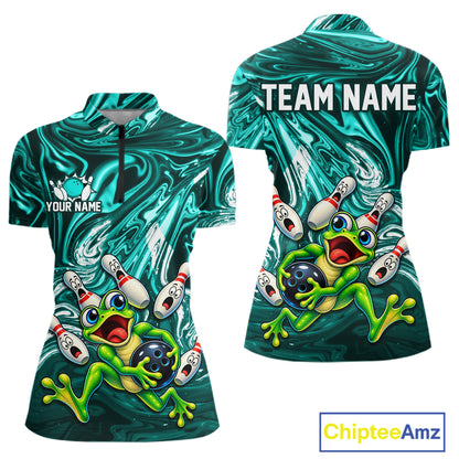 Custom Cyan Liquid Swirl Bowling Shirt for Women Funny Frog Bowling Jersey Polo & 1/4 Zip QZT1384