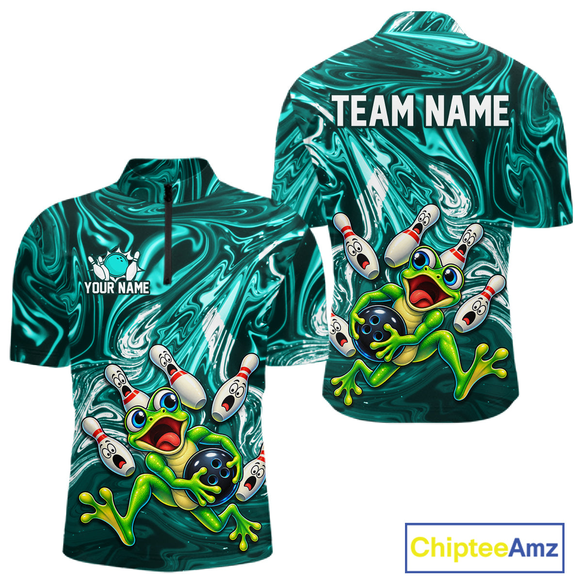 Custom Cyan Liquid Swirl Bowling Shirt for Men Funny Frog Bowling Jersey Polo & 1/4 Zip QZT1384
