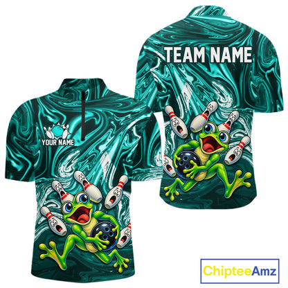 Custom Cyan Liquid Swirl Bowling Shirt for Men Funny Frog Bowling Jersey Polo & 1/4 Zip QZT1384