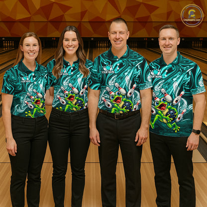 Custom Cyan Liquid Swirl Bowling Shirt for Men Funny Frog Bowling Jersey Polo & 1/4 Zip QZT1384