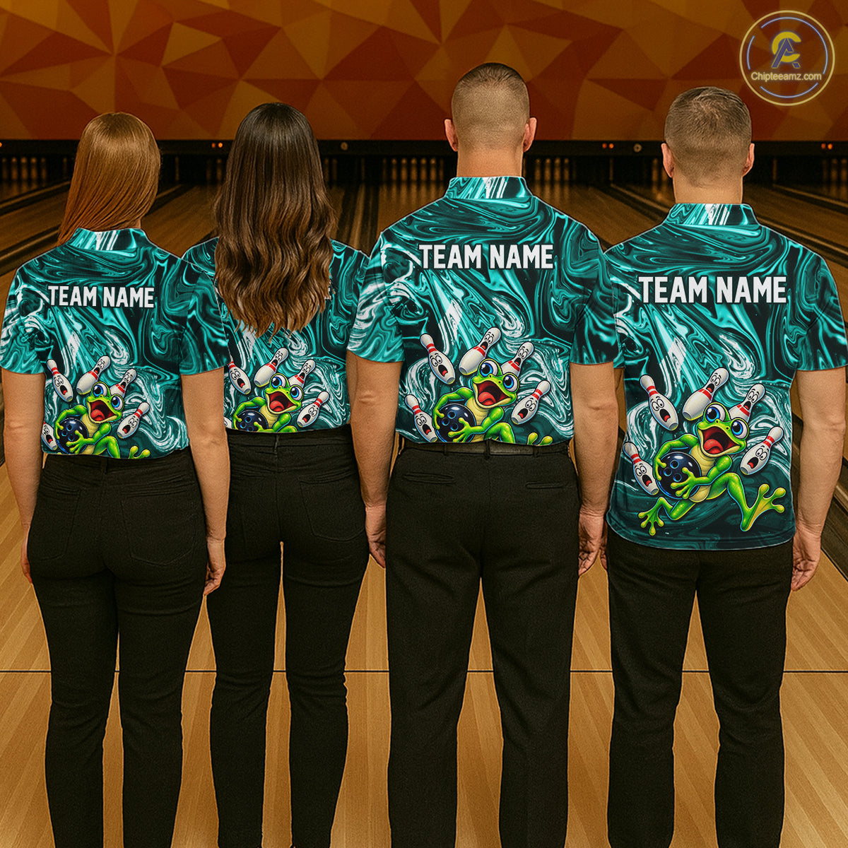Custom Cyan Liquid Swirl Bowling Shirt for Men Funny Frog Bowling Jersey Polo & 1/4 Zip QZT1384