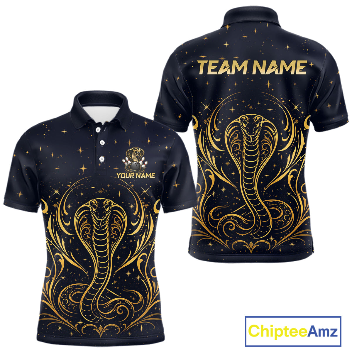 Custom Navy & Gold Bowling Shirt for Men Cobra Snake Bowling Jersey Polo & 1/4 Zip QZT1386