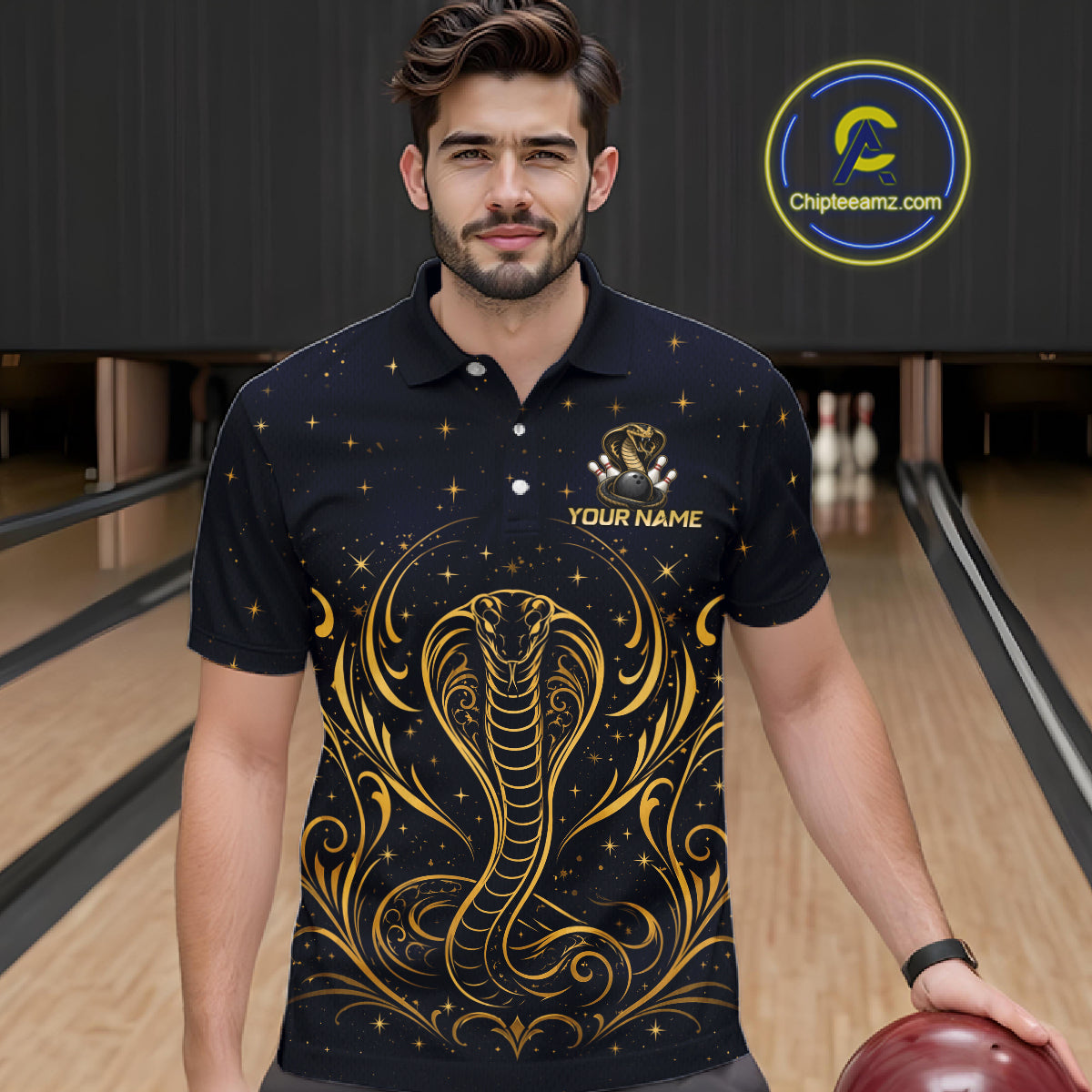 Custom Navy & Gold Bowling Shirt for Men Cobra Snake Bowling Jersey Polo & 1/4 Zip QZT1386
