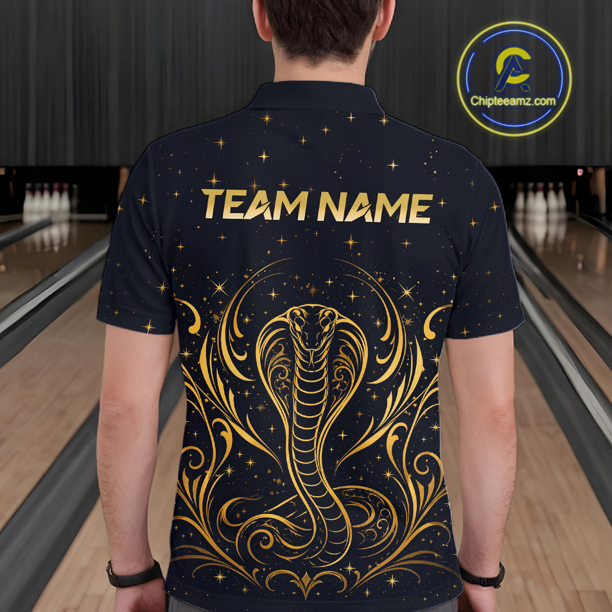 Custom Navy & Gold Bowling Shirt for Men Cobra Snake Bowling Jersey Polo & 1/4 Zip QZT1386