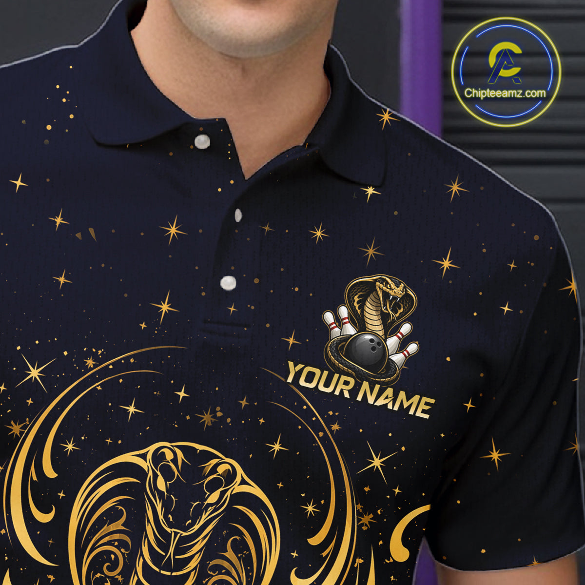 Custom Navy & Gold Bowling Shirt for Men Cobra Snake Bowling Jersey Polo & 1/4 Zip QZT1386