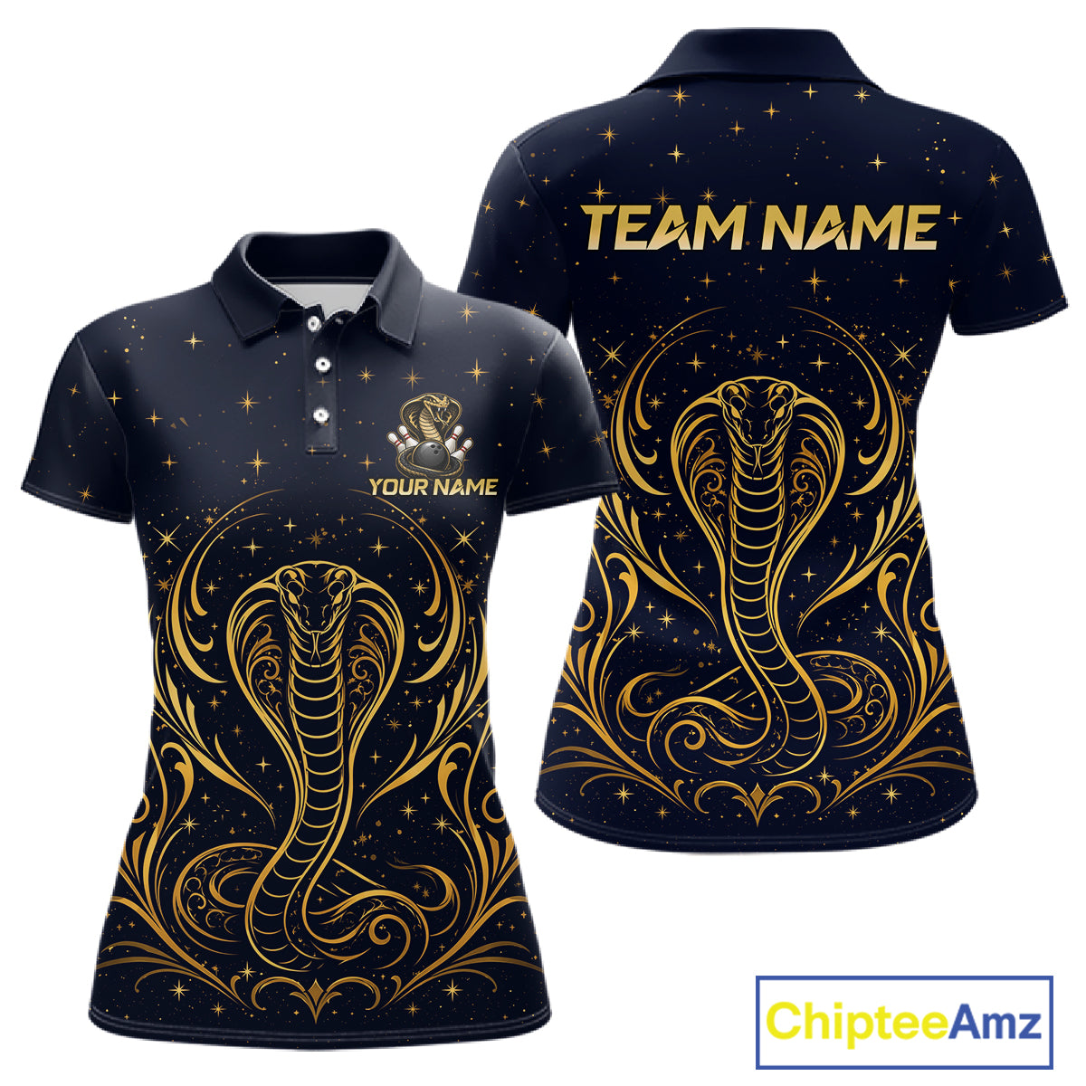 Custom Navy & Gold Bowling Shirt for Women Cobra Snake Bowling Jersey Polo & 1/4 Zip QZT1386