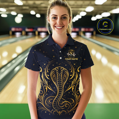 Custom Navy & Gold Bowling Shirt for Women Cobra Snake Bowling Jersey Polo & 1/4 Zip QZT1386