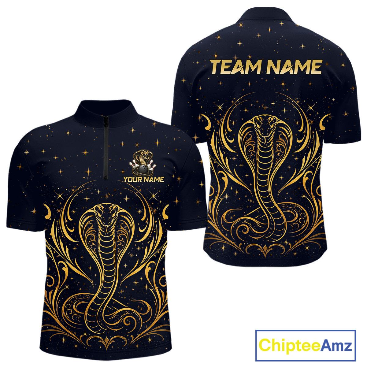 Custom Navy & Gold Bowling Shirt for Men Cobra Snake Bowling Jersey Polo & 1/4 Zip QZT1386