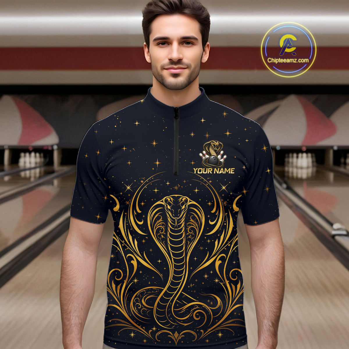 Custom Navy & Gold Bowling Shirt for Men Cobra Snake Bowling Jersey Polo & 1/4 Zip QZT1386