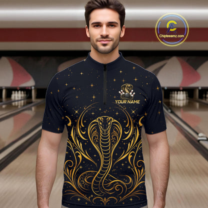 Custom Navy & Gold Bowling Shirt for Men Cobra Snake Bowling Jersey Polo & 1/4 Zip QZT1386