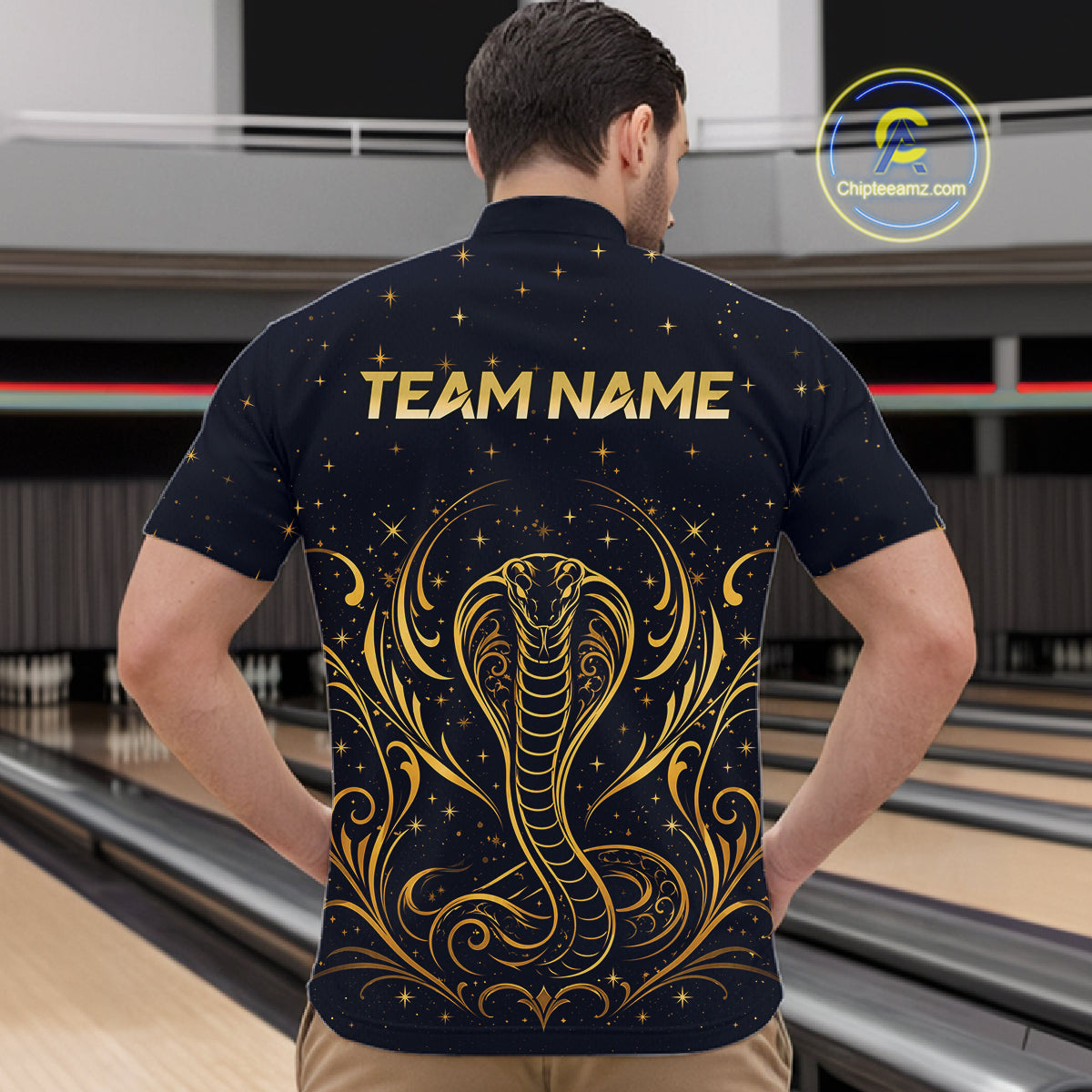 Custom Navy & Gold Bowling Shirt for Men Cobra Snake Bowling Jersey Polo & 1/4 Zip QZT1386