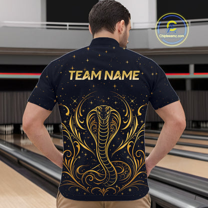Custom Navy & Gold Bowling Shirt for Men Cobra Snake Bowling Jersey Polo & 1/4 Zip QZT1386