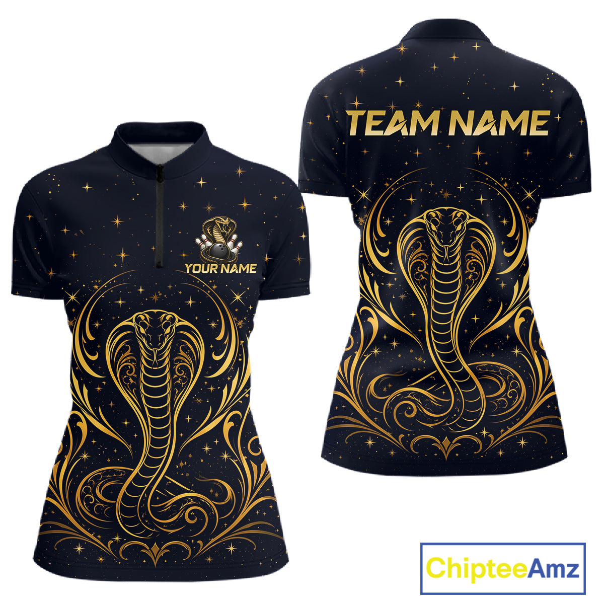 Custom Navy & Gold Bowling Shirt for Women Cobra Snake Bowling Jersey Polo & 1/4 Zip QZT1386