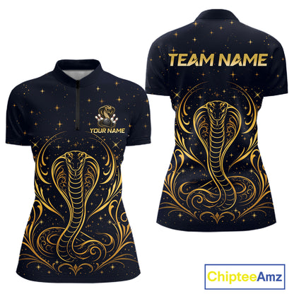 Custom Navy & Gold Bowling Shirt for Women Cobra Snake Bowling Jersey Polo & 1/4 Zip QZT1386