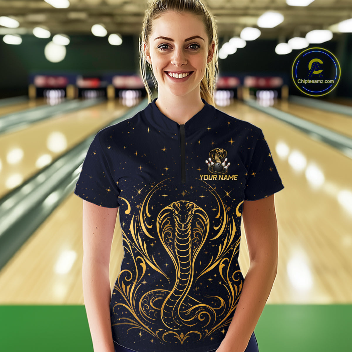 Custom Navy & Gold Bowling Shirt for Women Cobra Snake Bowling Jersey Polo & 1/4 Zip QZT1386