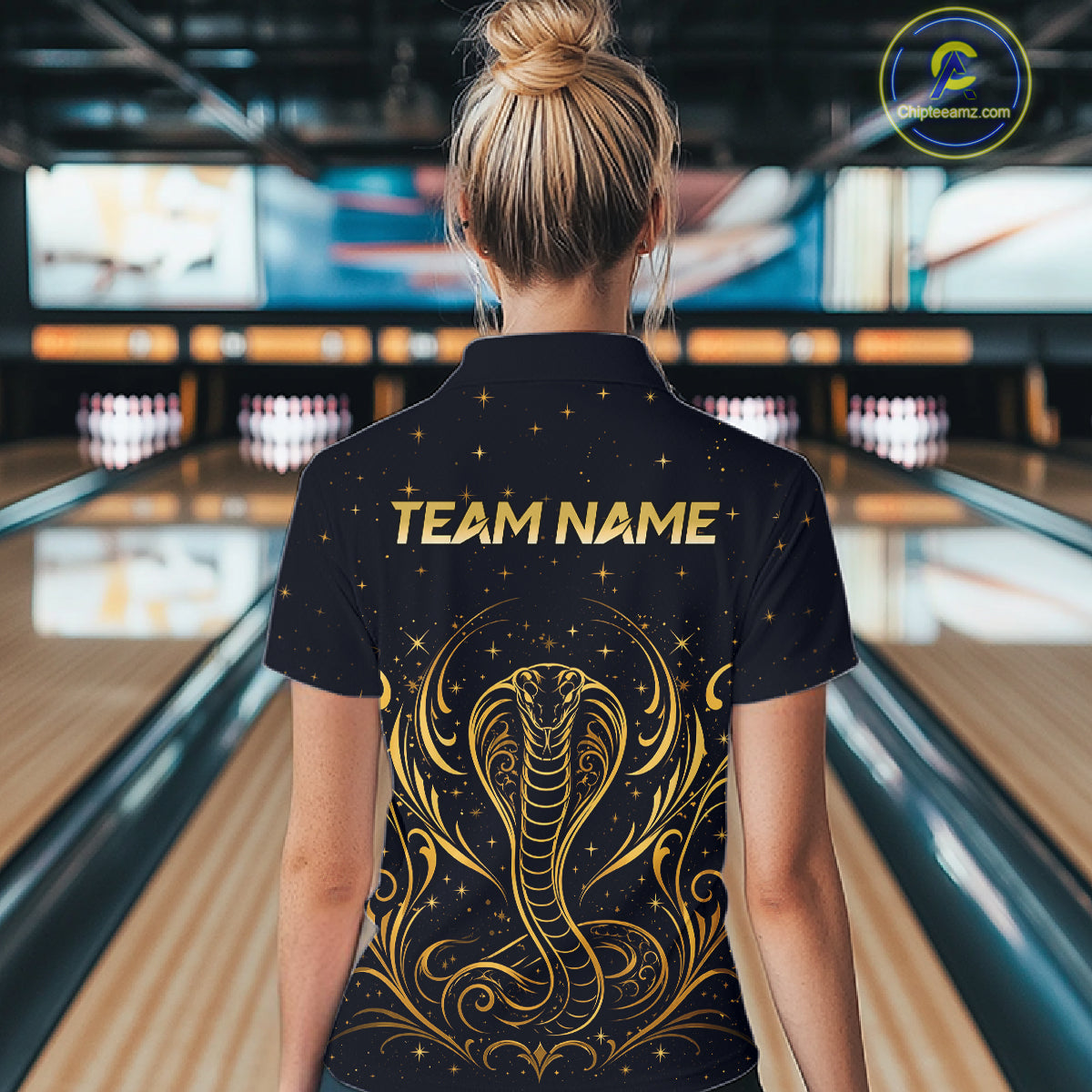 Custom Navy & Gold Bowling Shirt for Women Cobra Snake Bowling Jersey Polo & 1/4 Zip QZT1386