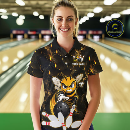 Custom Black & Gold Funny Bee Bowling Shirt for Women Polo & 1/4-Zip Bowling Team Jersey QZT1007