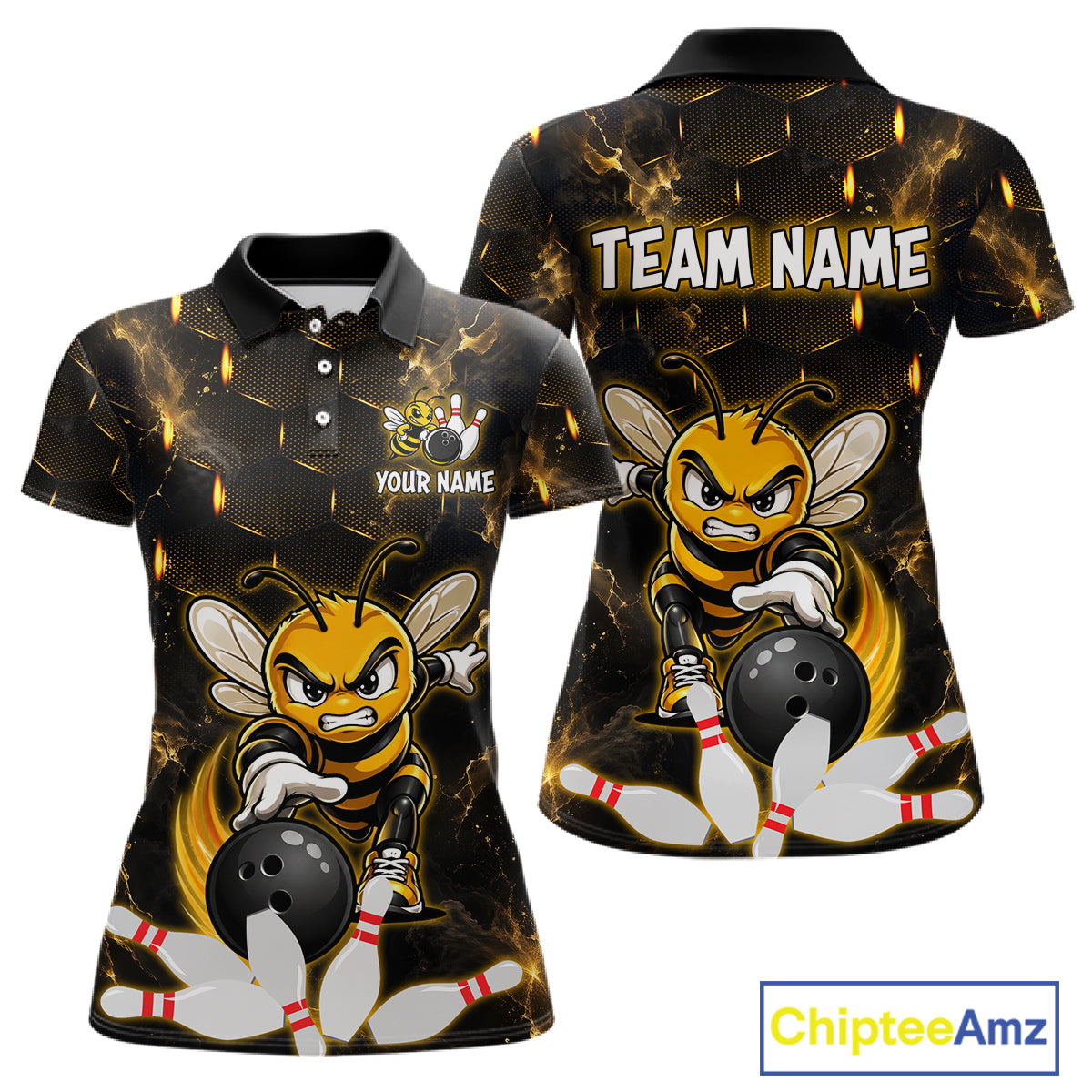 Custom Black & Gold Funny Bee Bowling Shirt for Women Polo & 1/4-Zip Bowling Team Jersey QZT1007