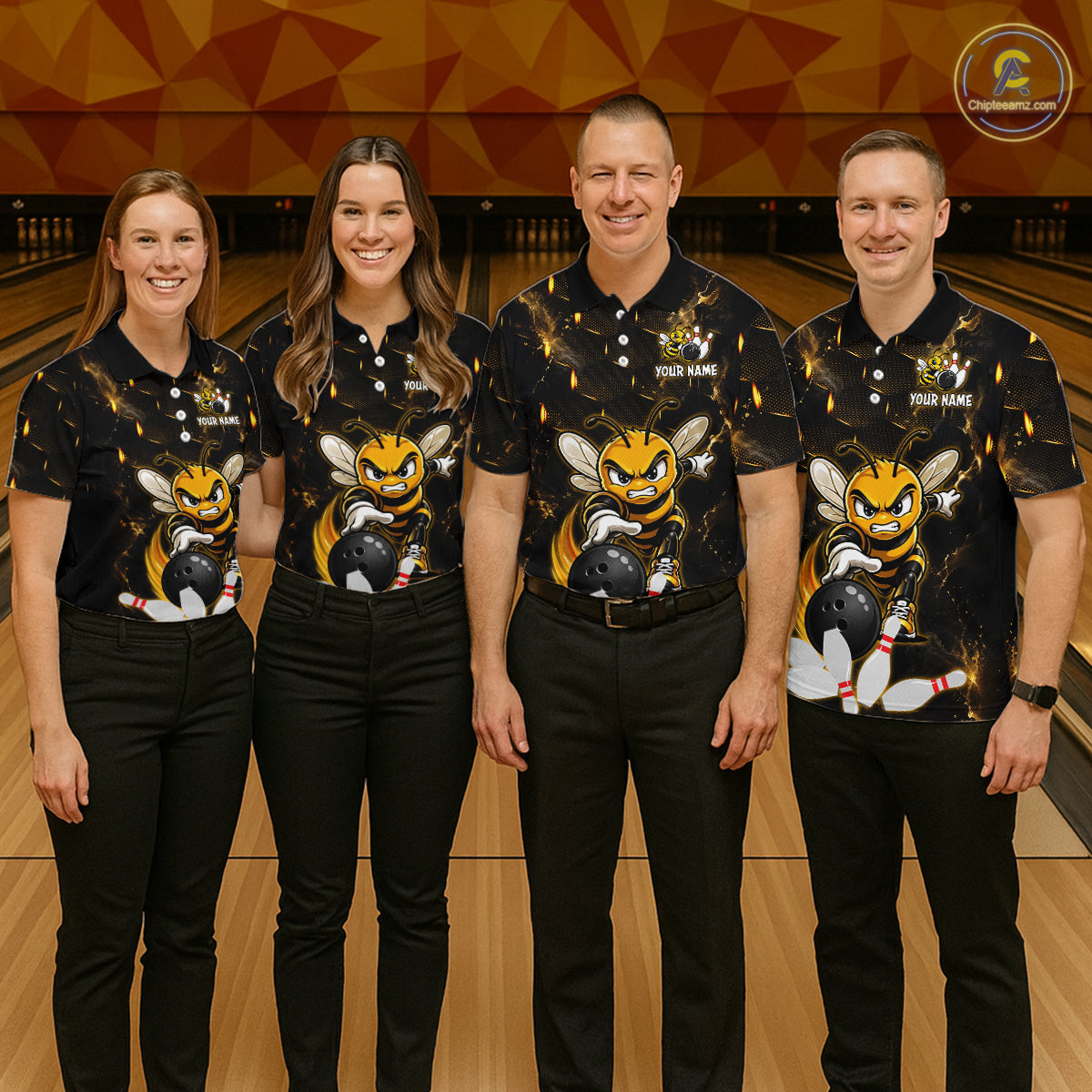 Custom Black & Gold Funny Bee Bowling Shirt for Women Polo & 1/4-Zip Bowling Team Jersey QZT1007