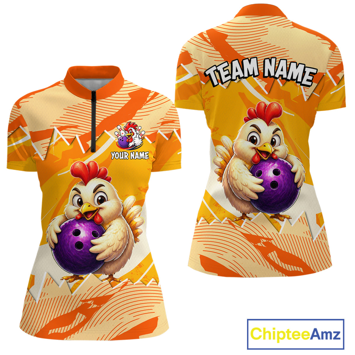 Custom Orange Funny Chicken Bowling Shirt for Women Bowling Team Jersey Polo & 1/4-Zip QZT1009