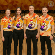 Load image into Gallery viewer, Four people wearing matching bowling shirts with a cartoon chicken design on a bowling alley.
