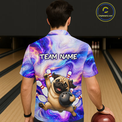 Person wearing a colorful bowling shirt with a pug design and 'Team Name' text at a bowling alley.