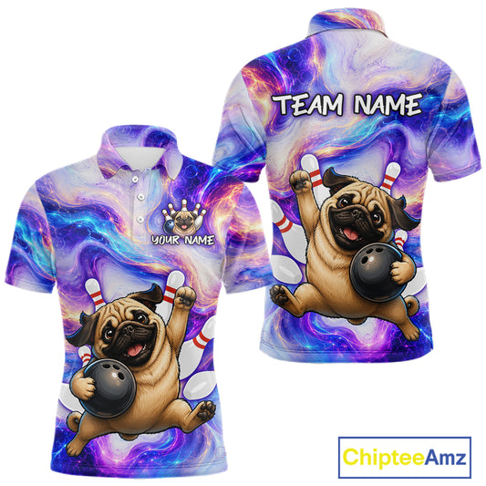 Colorful polo shirt with pug dog design and 'Team Name' text on a white background