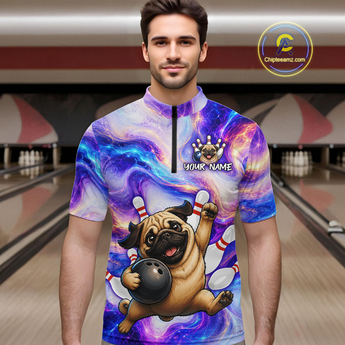 Person wearing a colorful bowling-themed shirt with a pug design in a bowling alley.