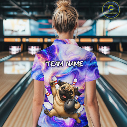 Person wearing a colorful bowling shirt with a pug design and 'Team Name' text in a bowling alley.