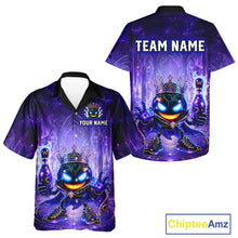Load image into Gallery viewer, Colorful bowling shirt with a character design and customizable text on a white background