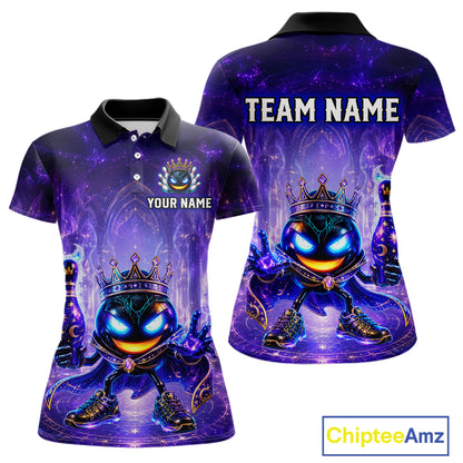 Purple polo shirt with a cartoon character and customizable text on a white background